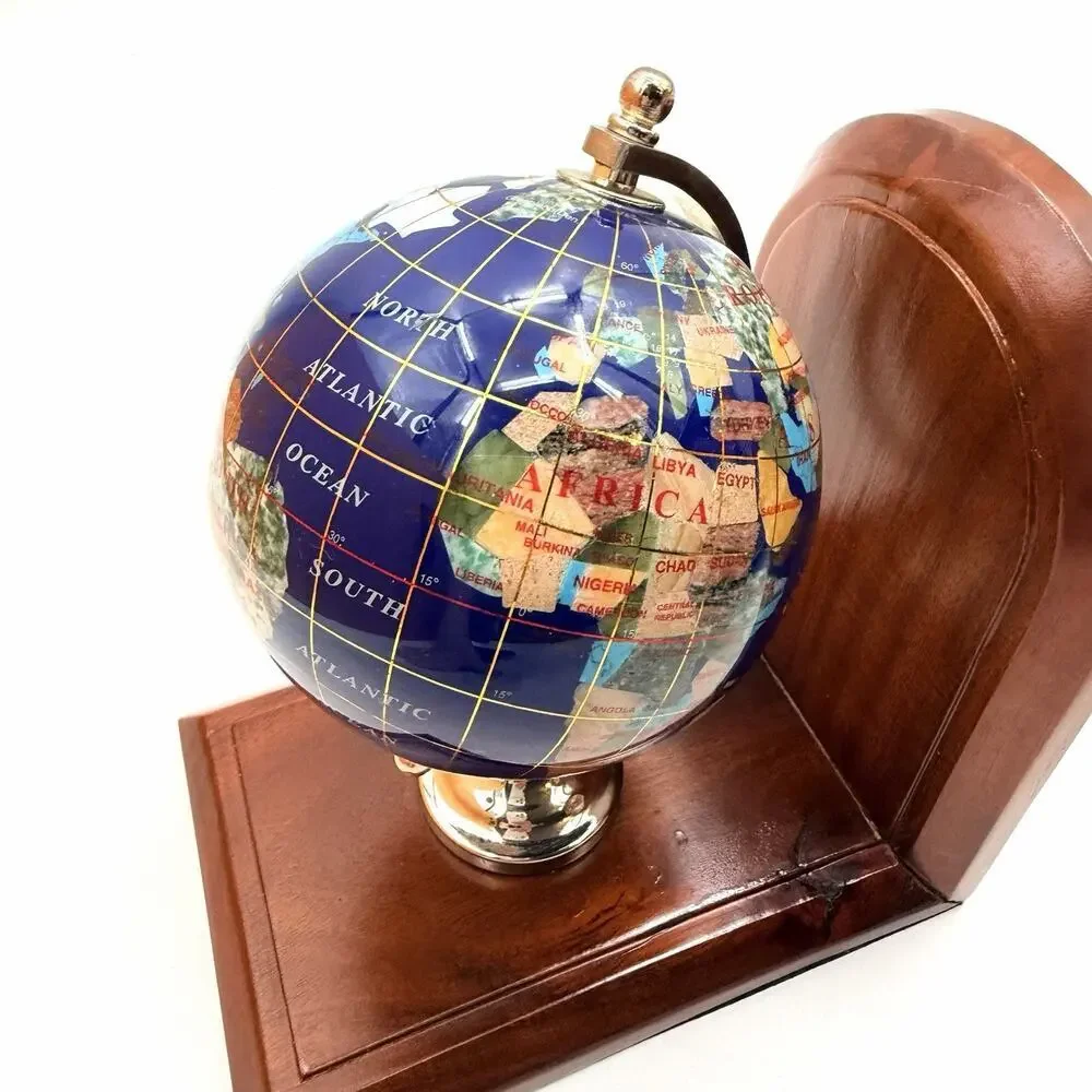 Gemstone & Wood - World Globe Bookend - 4